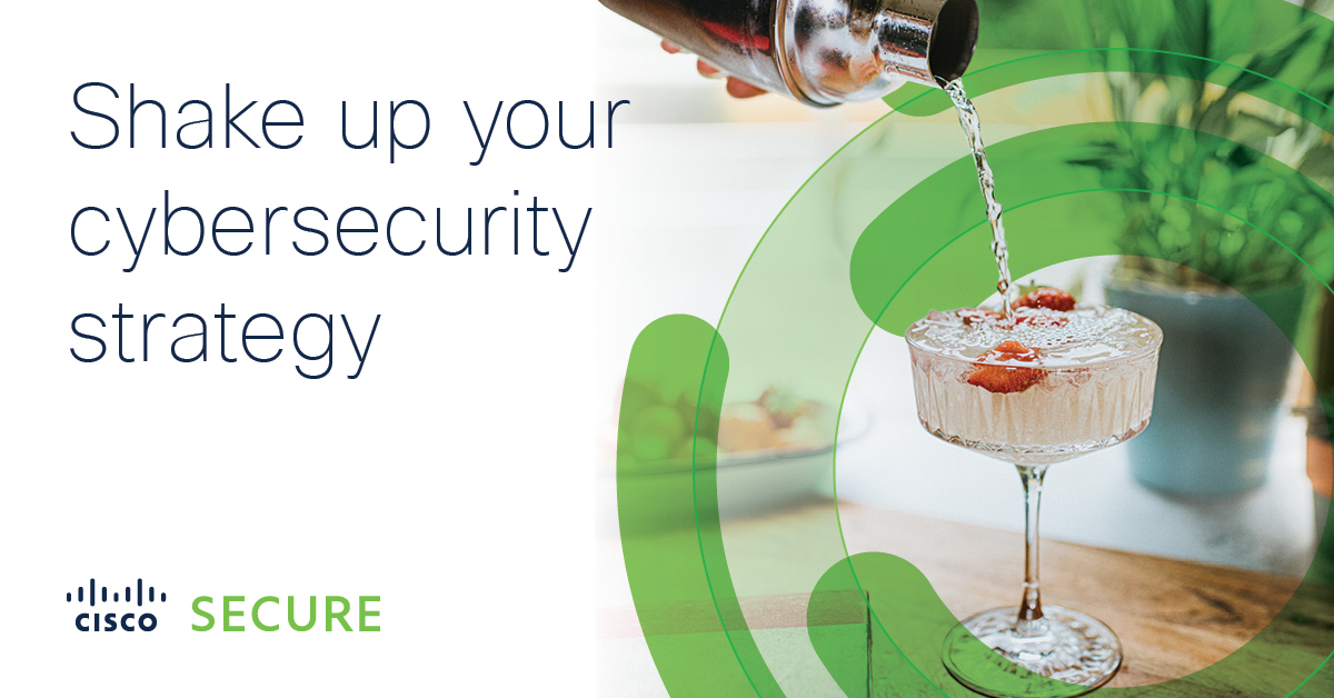 Shake up your cybersecurity strategy. Image of a hand pouring a cocktail out of a cocktail mixer into a glass.