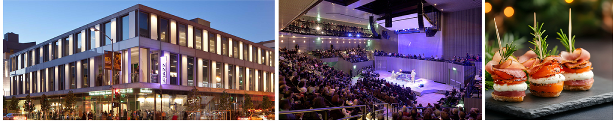 Three images of the outside of a building, inside of a building and food