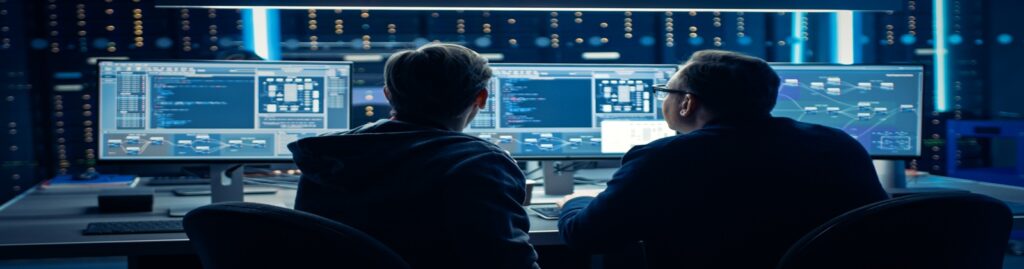 Two developers or engineers working side-by-side at a desk, looking at multiple computer monitors displaying code and network diagrams in a dark, tech-filled environment.