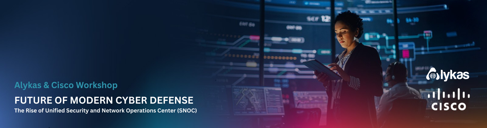 A person using a tablet in a high-tech control room with large display screens, promoting a Cisco workshop.