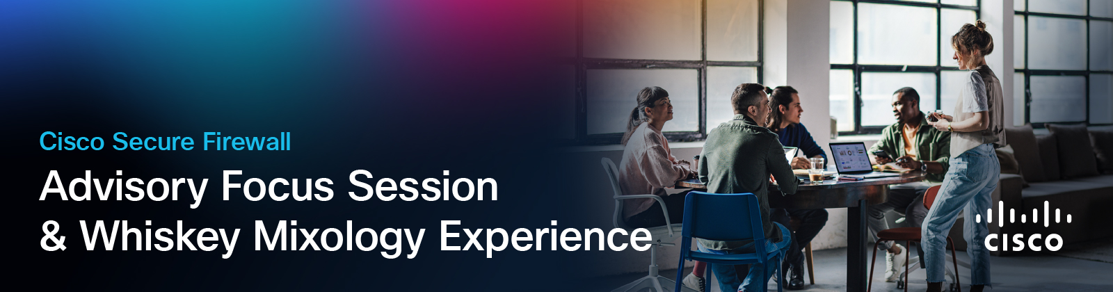 A group of diverse professionals in a collaborative meeting, with text overlay "Cisco Secure Firewall Advisory Focus Session" and the Cisco logo.